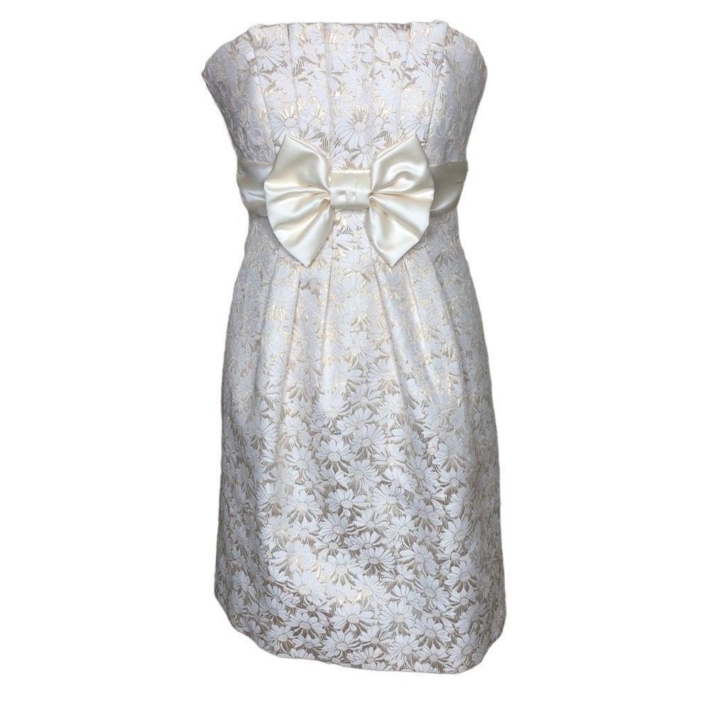 Vtg.Betsy & Adam by Linda Bernell White and Gold Jacquard Strapless Dress Y2K